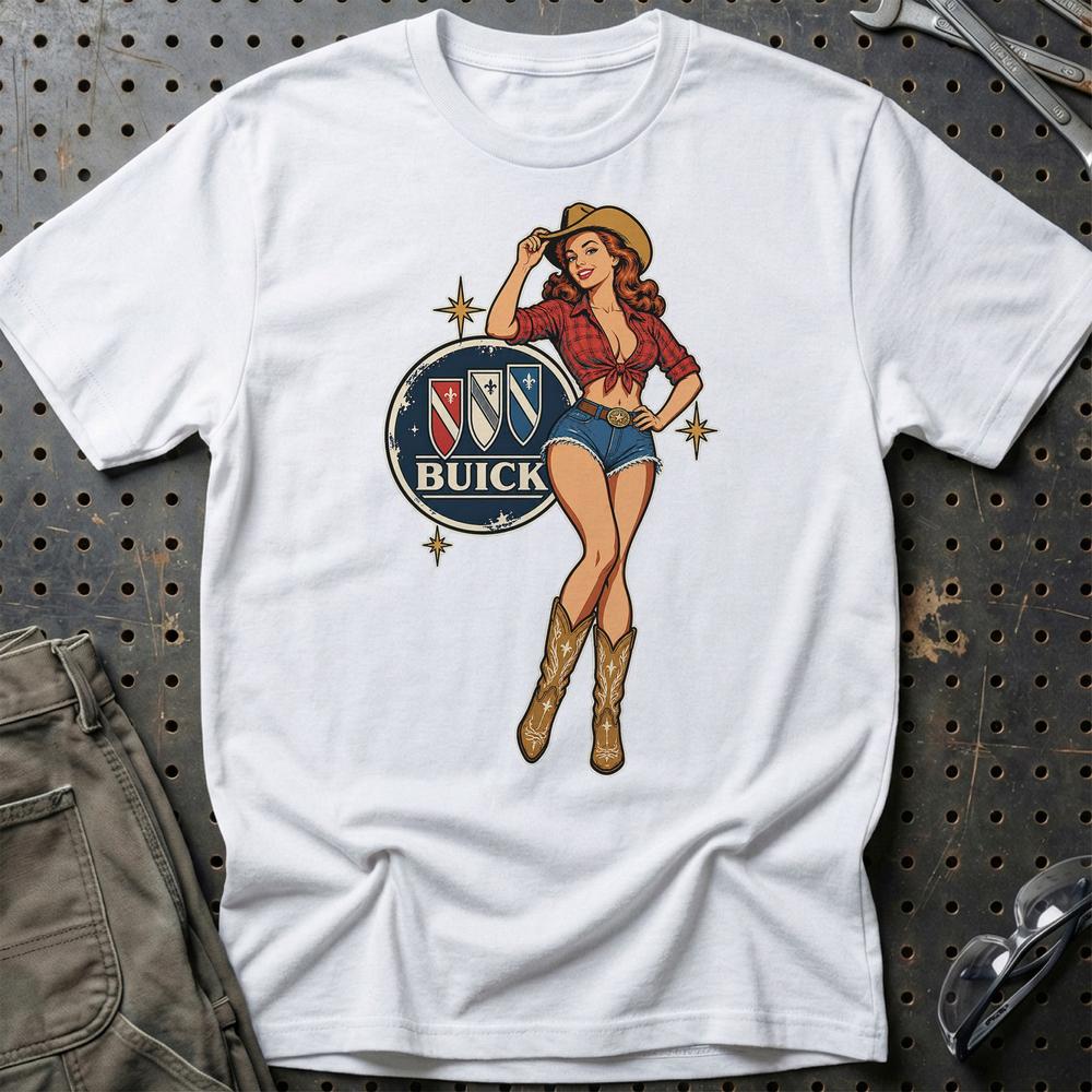 Buick Cowboy Pinup T-Shirt-Beklædning-Buick-Hvid-S-Garage Culture Shop- garage - man cave - merchandise