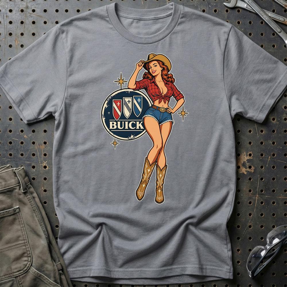 Buick Cowboy Pinup T-Shirt-Beklædning-Buick-Grå Sport-S-Garage Culture Shop- garage - man cave - merchandise