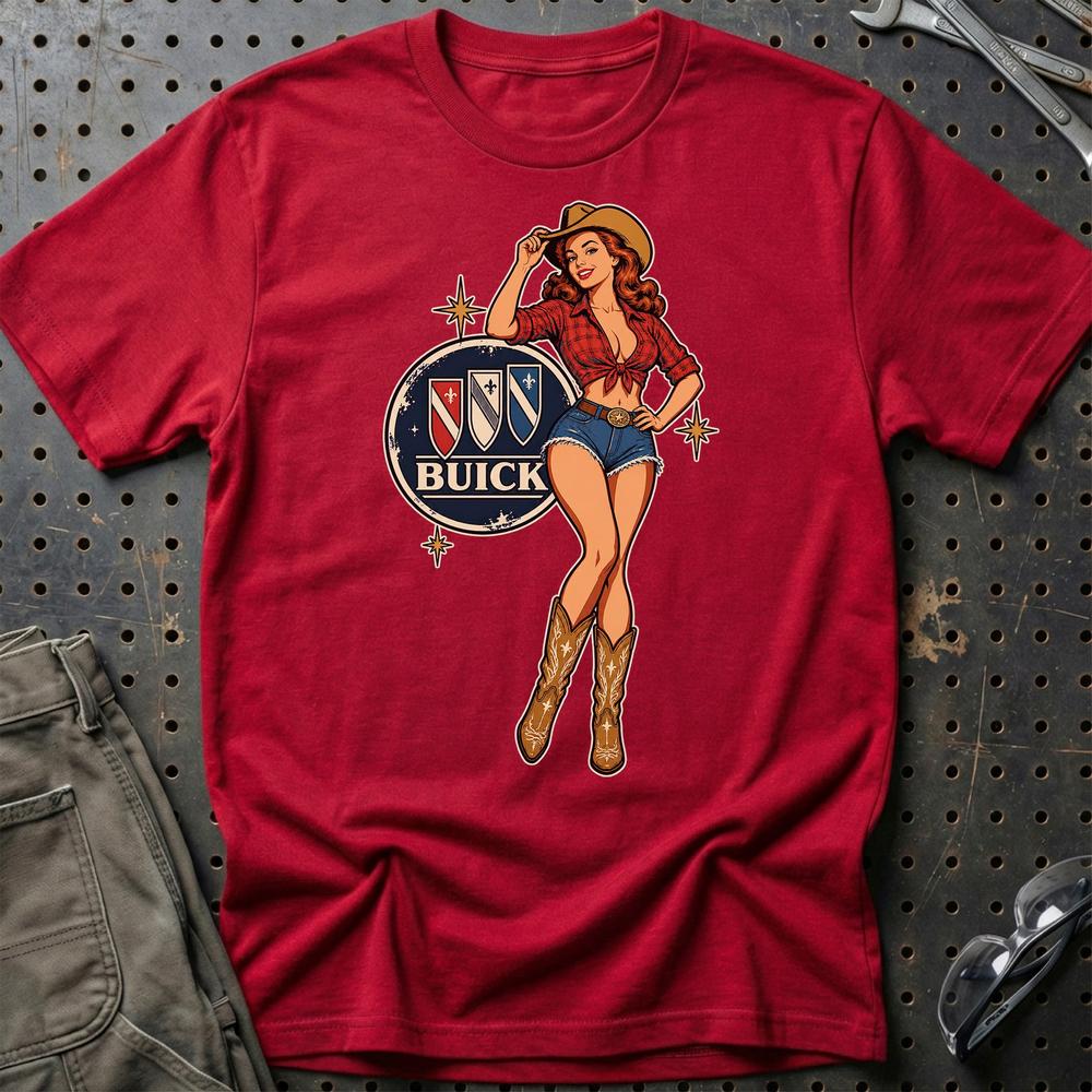Buick Cowboy Pinup T-Shirt-Beklædning-Buick-Rød-S-Garage Culture Shop- garage - man cave - merchandise