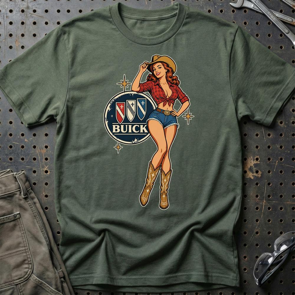 Buick Cowboy Pinup T-Shirt-Beklædning-Buick-Grøn Militær-S-Garage Culture Shop- garage - man cave - merchandise