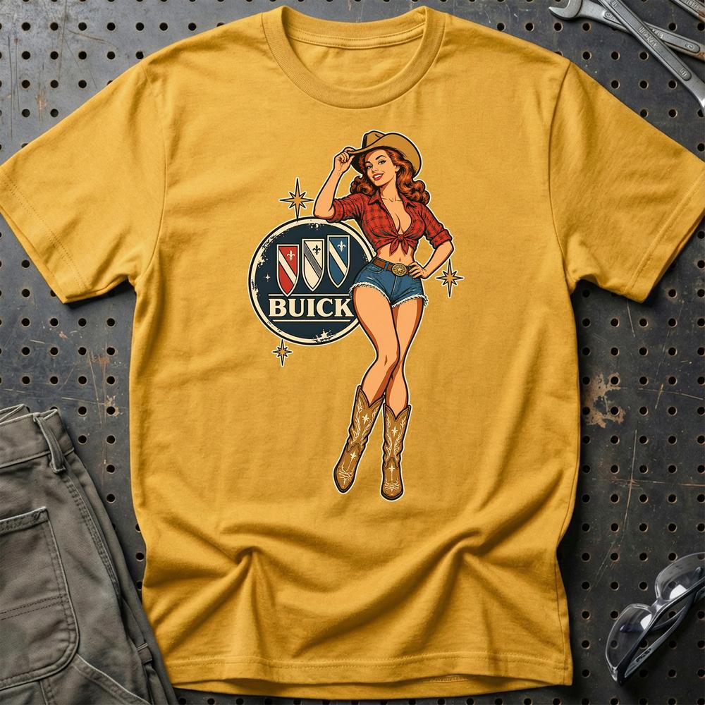 Buick Cowboy Pinup T-Shirt-Beklædning-Buick-Guld-S-Garage Culture Shop- garage - man cave - merchandise