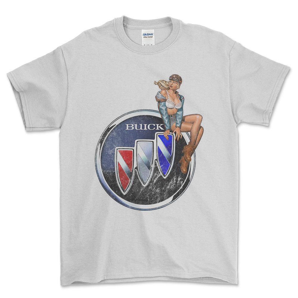 Buick Pinup - Unisex T-Shirt , Bomuld-Beklædning-Buick-Hvid-S-Forside-Garage Culture Shop- garage - man cave - merchandise