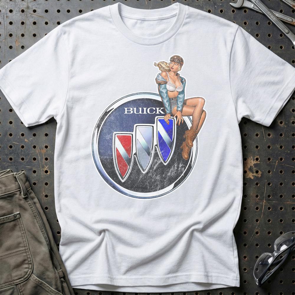 Buick Pinup - Unisex T-Shirt , Bomuld-Beklædning-Buick-Hvid-S-Garage Culture Shop- garage - man cave - merchandise