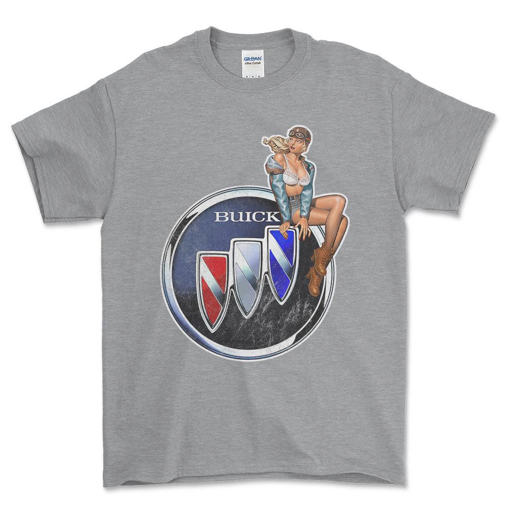 Buick Pinup - Unisex T-Shirt , Bomuld-Beklædning-Buick-Grå Sport-S-Forside-Garage Culture Shop- garage - man cave - merchandise