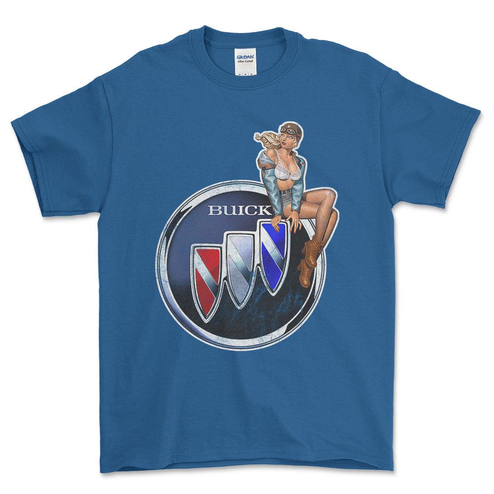 Buick Pinup - Unisex T-Shirt , Bomuld-Beklædning-Buick-Blå Royal-S-Forside-Garage Culture Shop- garage - man cave - merchandise