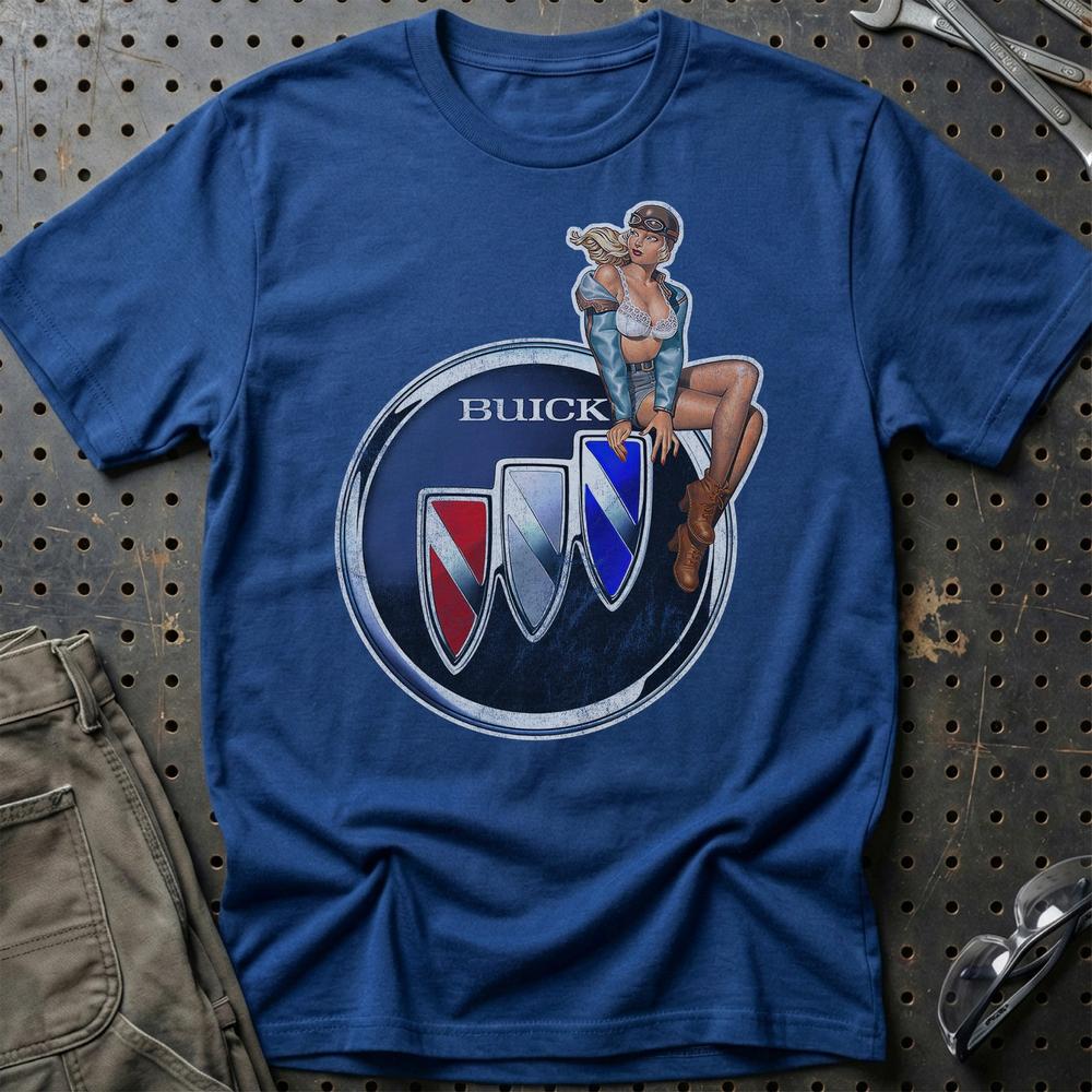Buick Pinup - Unisex T-Shirt , Bomuld-Beklædning-Buick-Blå Royal-S-Garage Culture Shop- garage - man cave - merchandise