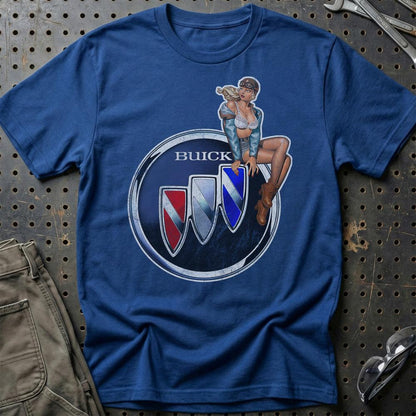 Buick Pinup - Unisex T-Shirt , Bomuld-Beklædning-Buick-Blå Royal-S-Garage Culture Shop- garage - man cave - merchandise