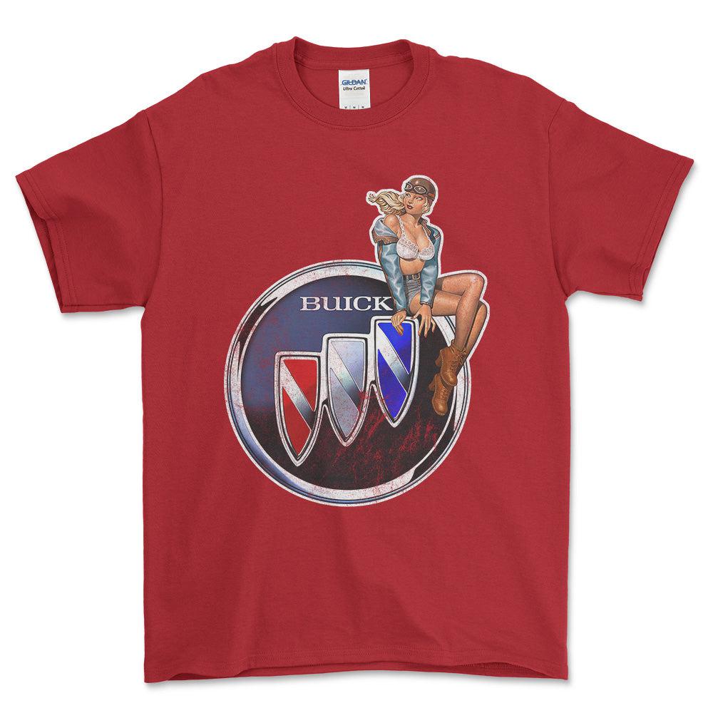 Buick Pinup - Unisex T-Shirt , Bomuld-Beklædning-Buick-Rød-S-Forside-Garage Culture Shop- garage - man cave - merchandise