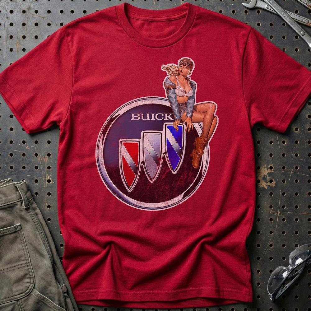Buick Pinup - Unisex T-Shirt , Bomuld-Beklædning-Buick-Rød-S-Garage Culture Shop- garage - man cave - merchandise