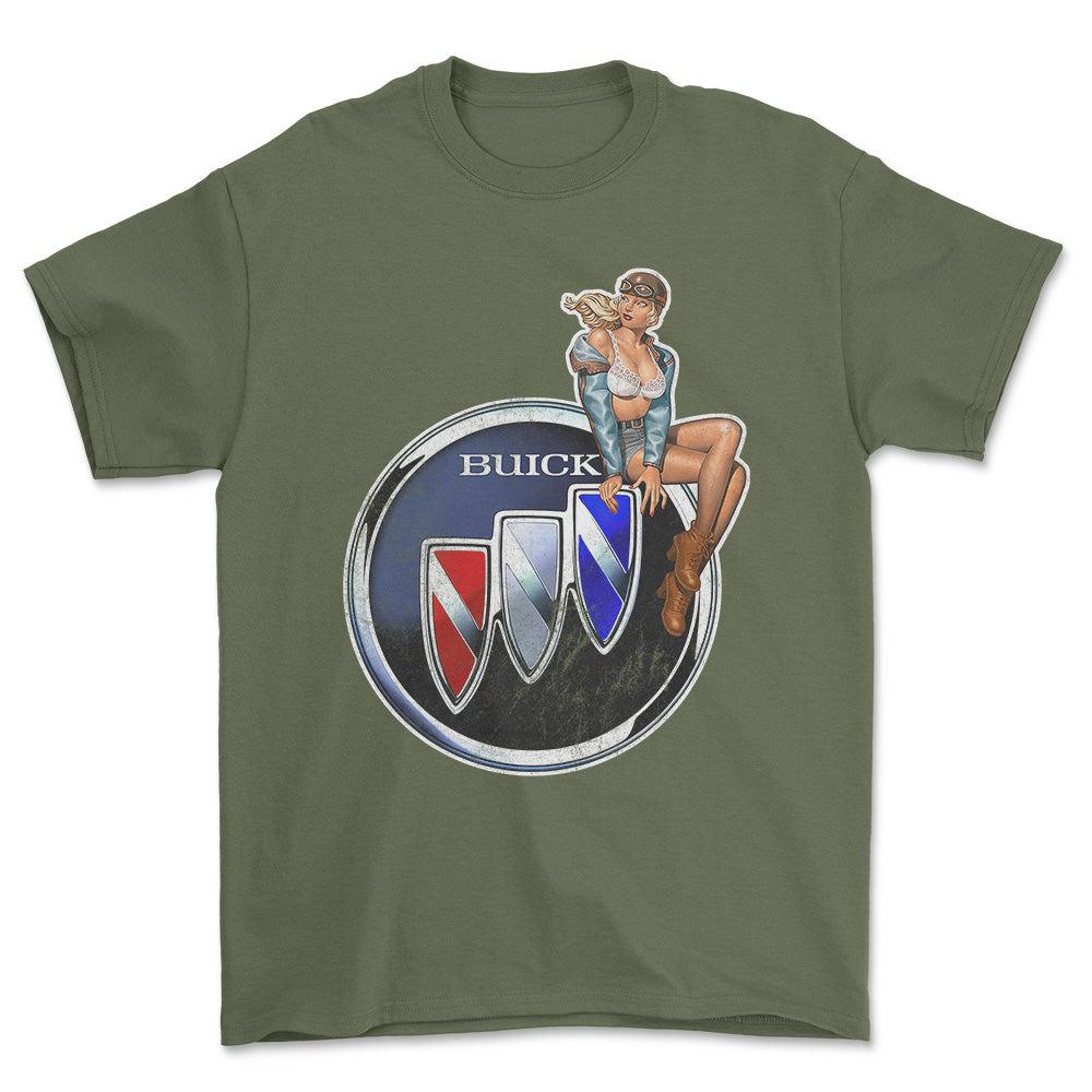 Buick Pinup - Unisex T-Shirt , Bomuld-Beklædning-Buick-Grøn Militær-S-Forside-Garage Culture Shop- garage - man cave - merchandise