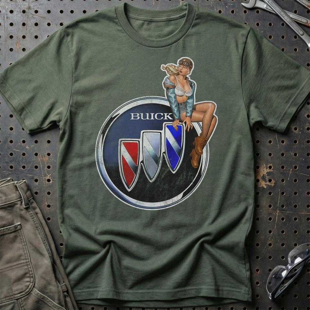 Buick Pinup - Unisex T-Shirt , Bomuld-Beklædning-Buick-Grøn Militær-S-Garage Culture Shop- garage - man cave - merchandise