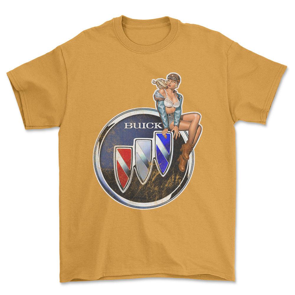 Buick Pinup - Unisex T-Shirt , Bomuld-Beklædning-Buick-Guld-S-Forside-Garage Culture Shop- garage - man cave - merchandise