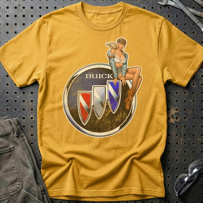 Buick Pinup - Unisex T-Shirt , Bomuld-Beklædning-Buick-Guld-S-Garage Culture Shop- garage - man cave - merchandise