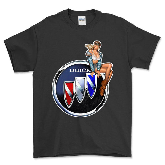 Buick Pinup - Unisex T-Shirt , Bomuld-Beklædning-Buick-Sort-S-Forside-Garage Culture Shop- garage - man cave - merchandise