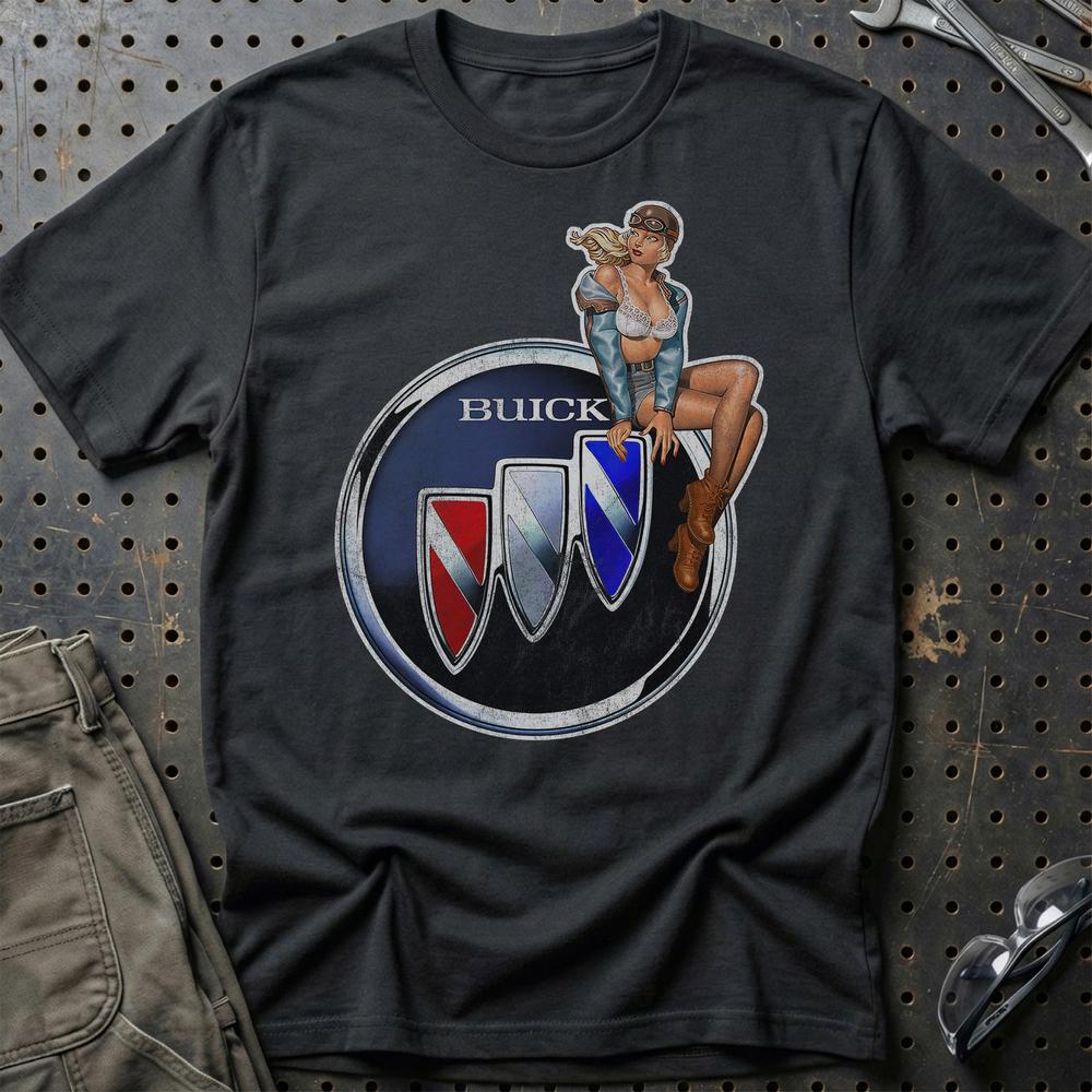 Buick Pinup - Unisex T-Shirt , Bomuld-Beklædning-Buick-Sort-S-Garage Culture Shop- garage - man cave - merchandise