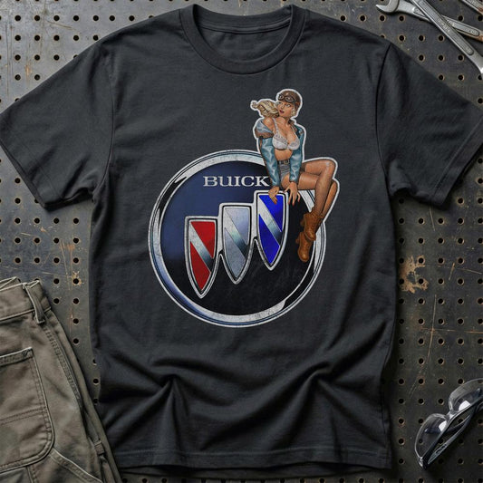 Buick Pinup - Unisex T-Shirt , Bomuld-Beklædning-Buick-Sort-S-Garage Culture Shop- garage - man cave - merchandise