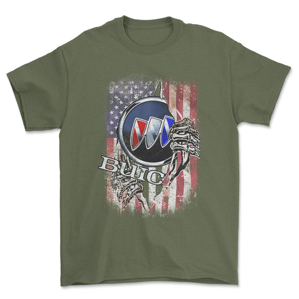 Buick US Flag Unisex T-Shirt , Bomuld-Beklædning-Buick-Grøn Militær-S-Forside-Garage Culture Shop- garage - man cave - merchandise