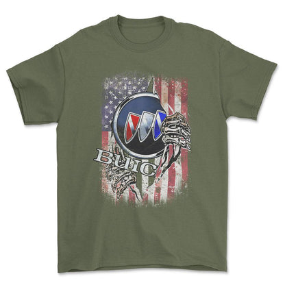 Buick US Flag Unisex T-Shirt , Bomuld-Beklædning-Buick-Grøn Militær-S-Forside-Garage Culture Shop- garage - man cave - merchandise