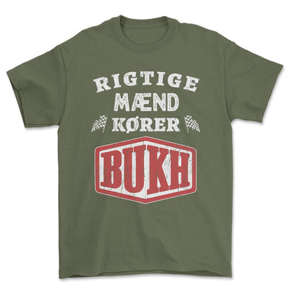 Bukh Rigtige Mænd Kører - Unisex T-Shirt , Bomuld-Beklædning-Bukh-Grøn Militær-S-Forside-Garage Culture Shop- garage - man cave - merchandise