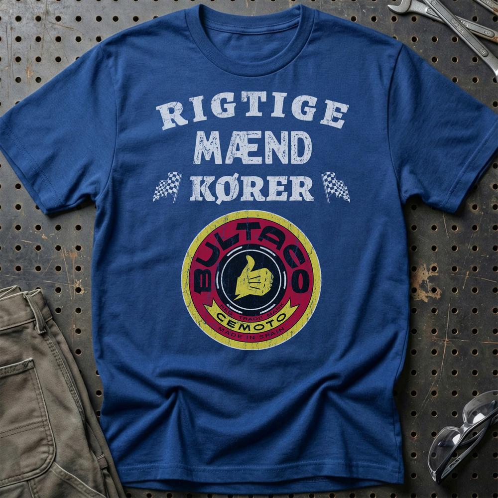Bultaco Rigtige Mænd Kører - Unisex T-Shirt , Bomuld-Beklædning-Bultaco-Blå Royal-S-Garage Culture Shop- garage - man cave - merchandise