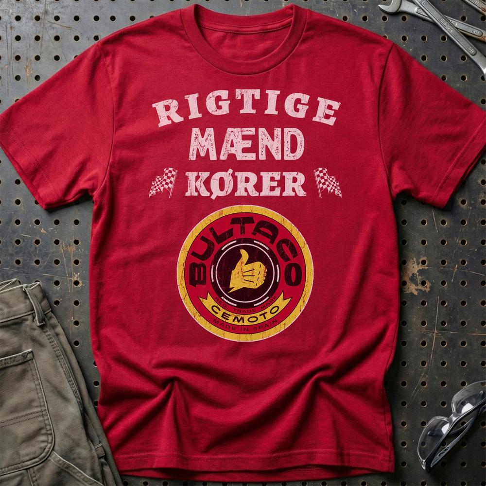 Bultaco Rigtige Mænd Kører - Unisex T-Shirt , Bomuld-Beklædning-Bultaco-Rød-S-Garage Culture Shop- garage - man cave - merchandise