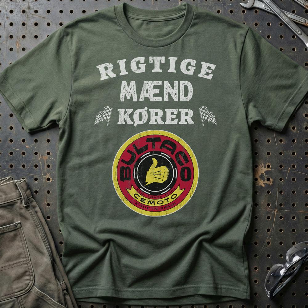Bultaco Rigtige Mænd Kører - Unisex T-Shirt , Bomuld-Beklædning-Bultaco-Grøn Militær-S-Garage Culture Shop- garage - man cave - merchandise