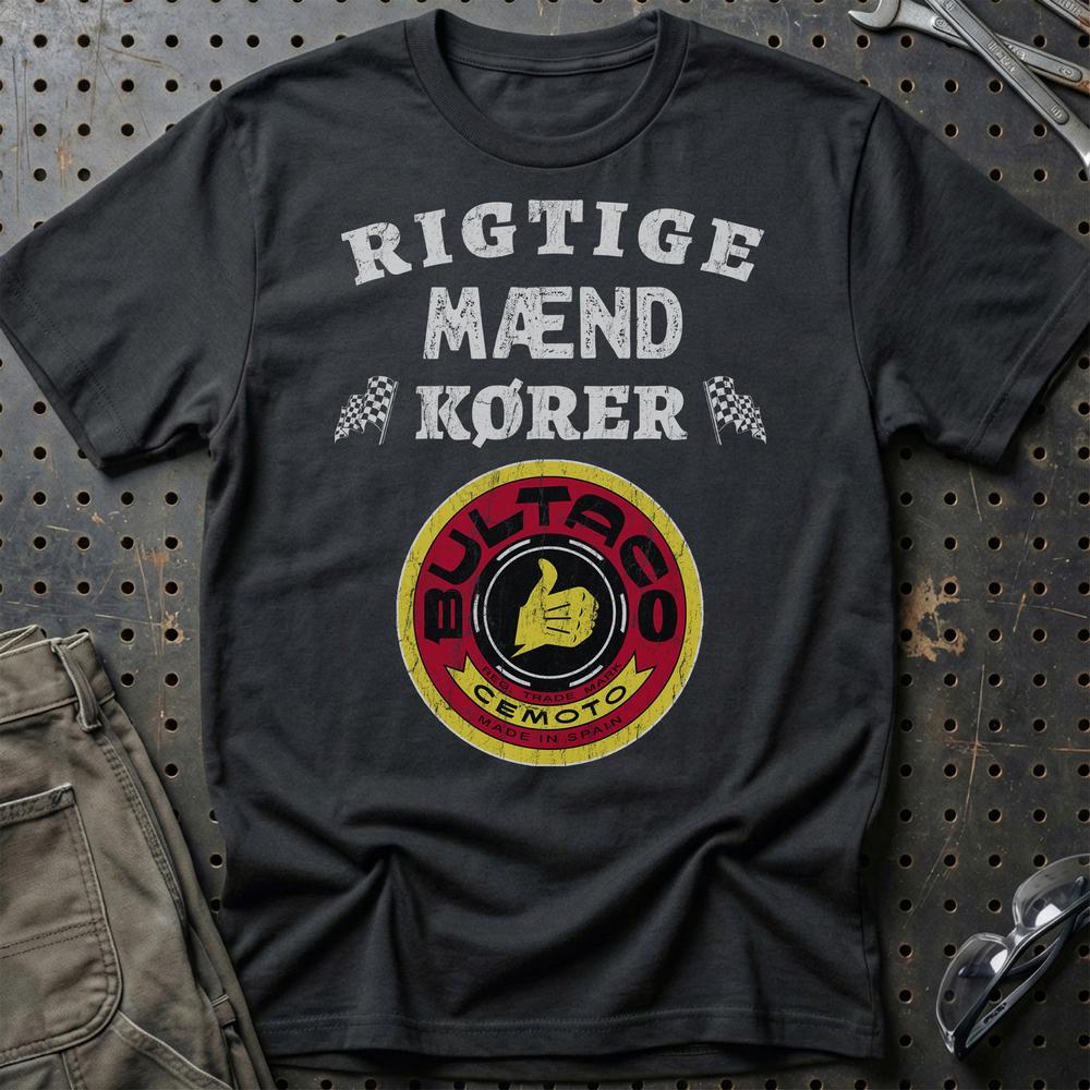 Bultaco Rigtige Mænd Kører - Unisex T-Shirt , Bomuld-Beklædning-Bultaco-Sort-S-Garage Culture Shop- garage - man cave - merchandise