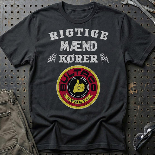 Bultaco Rigtige Mænd Kører - Unisex T-Shirt , Bomuld-Beklædning-Bultaco-Sort-S-Garage Culture Shop- garage - man cave - merchandise