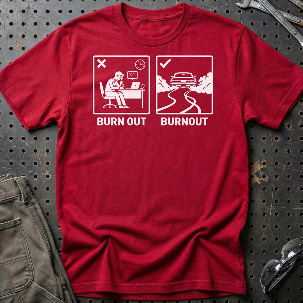 Burn Out VS Burnout - Unisex T-Shirt , Bomuld-Beklædning-Garage Culture-Rød-S-Garage Culture Shop- garage - man cave - merchandise