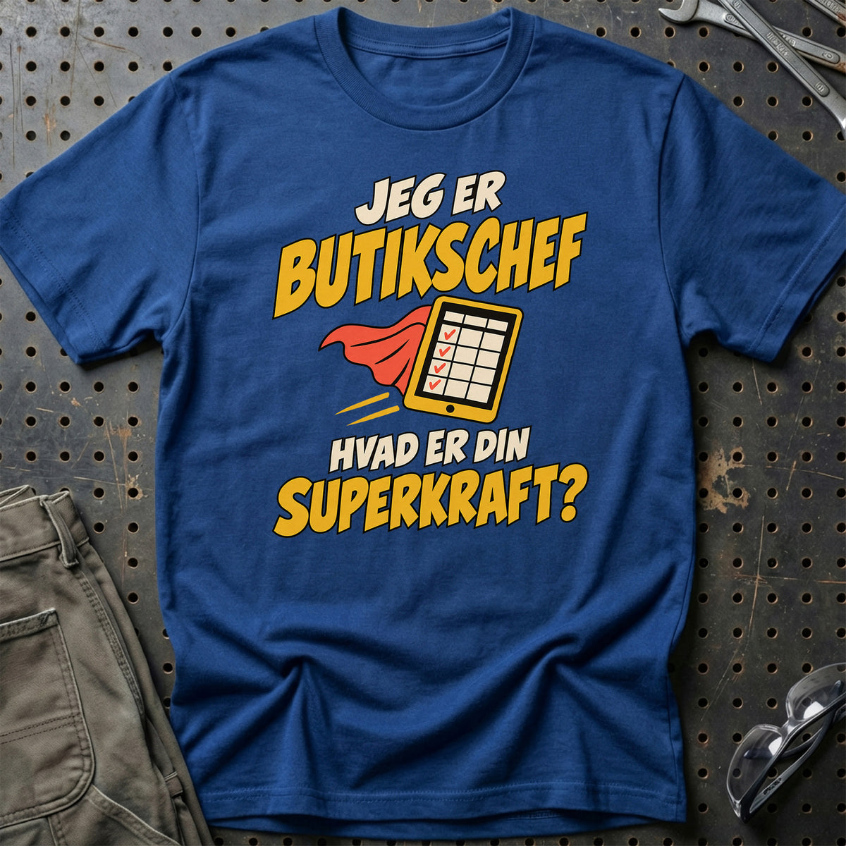 
Butikschef – Hvad er din superkraft? – Unisex T-Shirt – Blå Royal