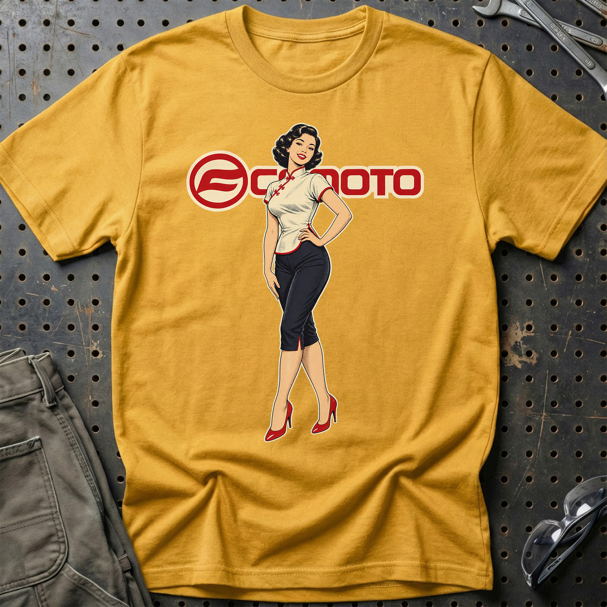 CFMOTO Retro Pinup T-Shirt-Beklædning-CFMOTO-Guld-S-Garage Culture Shop- garage - man cave - merchandise