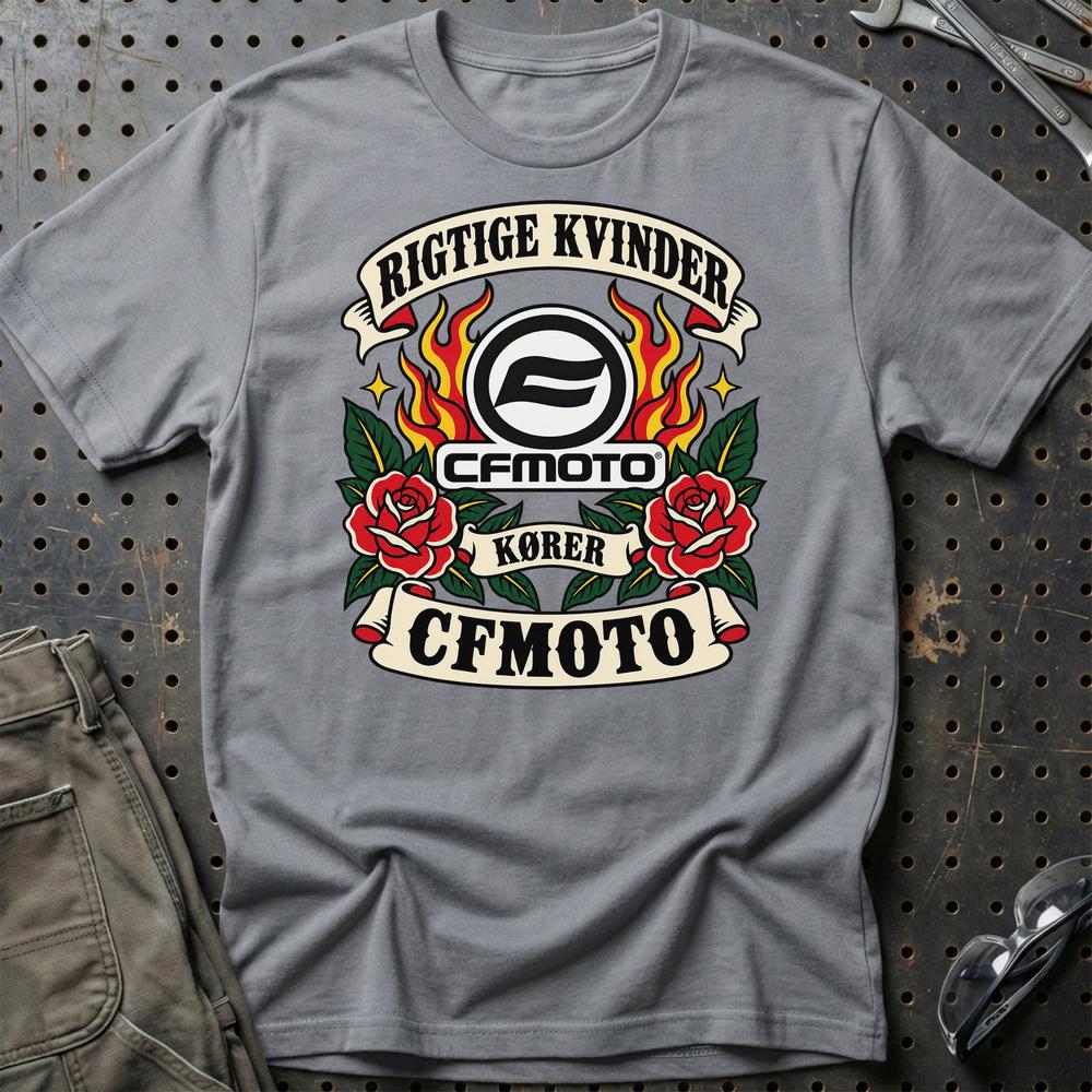 CFMOTO Rigtige Kvinder Kører – Roser og Flammer T-Shirt-Beklædning-CFMOTO-Grå Sport-S-Garage Culture Shop- garage - man cave - merchandise