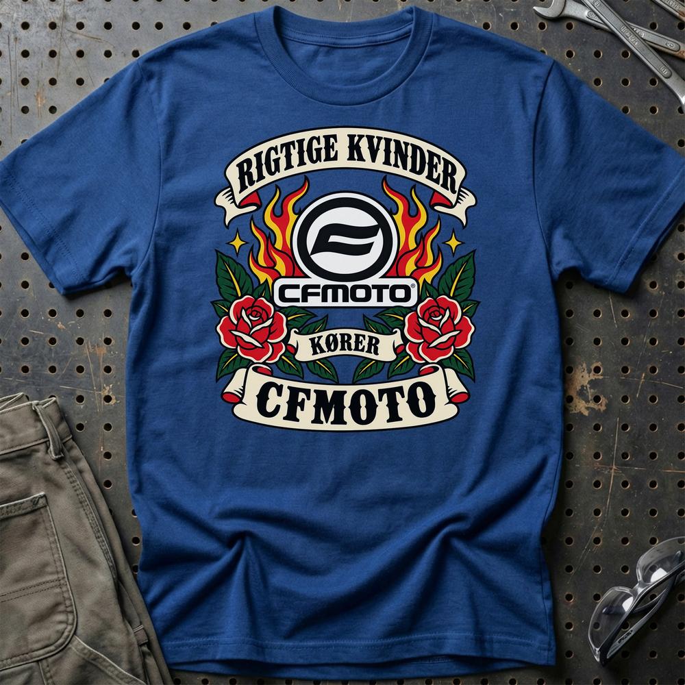 CFMOTO Rigtige Kvinder Kører – Roser og Flammer T-Shirt-Beklædning-CFMOTO-Blå Royal-S-Garage Culture Shop- garage - man cave - merchandise