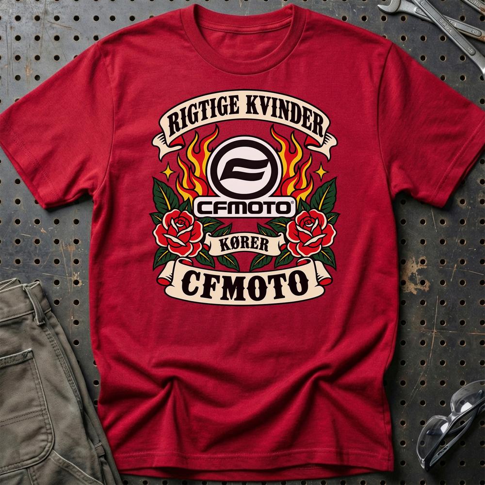 CFMOTO Rigtige Kvinder Kører – Roser og Flammer T-Shirt-Beklædning-CFMOTO-Rød-S-Garage Culture Shop- garage - man cave - merchandise