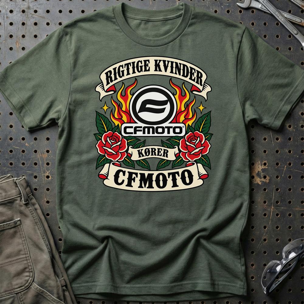 CFMOTO Rigtige Kvinder Kører – Roser og Flammer T-Shirt-Beklædning-CFMOTO-Grøn Militær-S-Garage Culture Shop- garage - man cave - merchandise