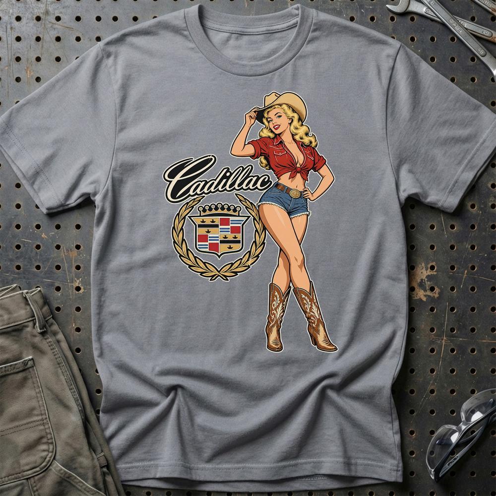 Cadillac Cowboy Pinup T-Shirt-Beklædning-Cadillac-Grå Sport-S-Garage Culture Shop- garage - man cave - merchandise