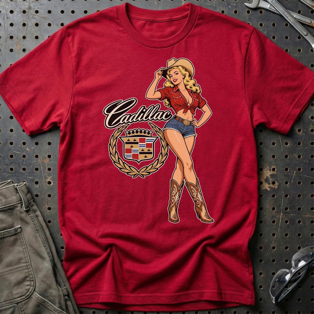 Cadillac Cowboy Pinup T-Shirt-Beklædning-Cadillac-Rød-S-Garage Culture Shop- garage - man cave - merchandise