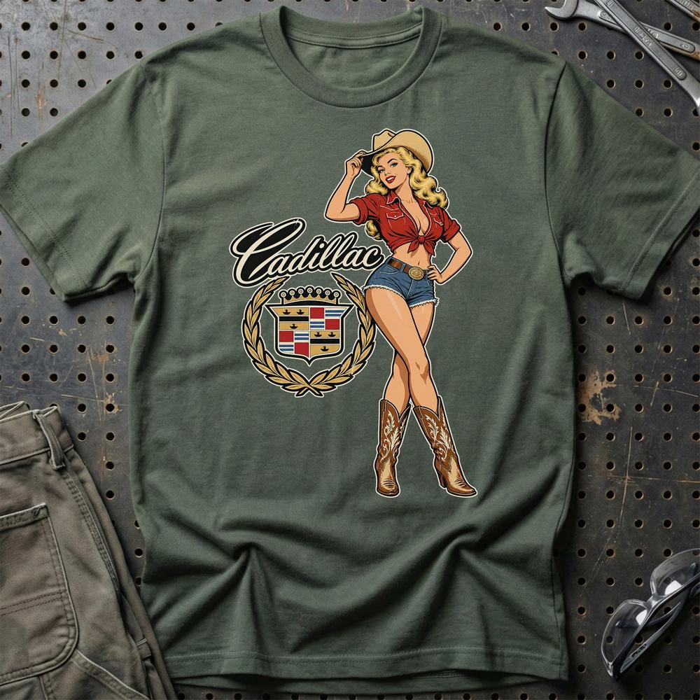 Cadillac Cowboy Pinup T-Shirt-Beklædning-Cadillac-Grøn Militær-S-Garage Culture Shop- garage - man cave - merchandise
