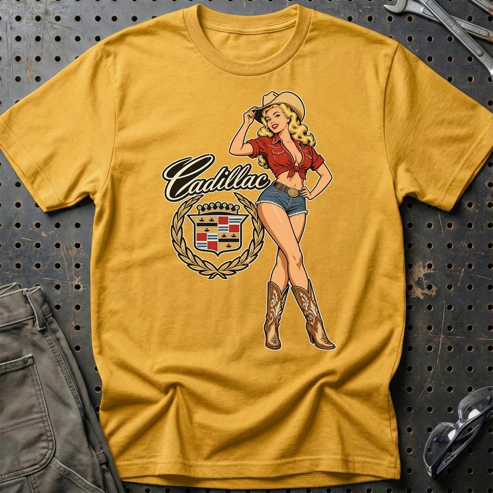 Cadillac Cowboy Pinup T-Shirt-Beklædning-Cadillac-Guld-S-Garage Culture Shop- garage - man cave - merchandise