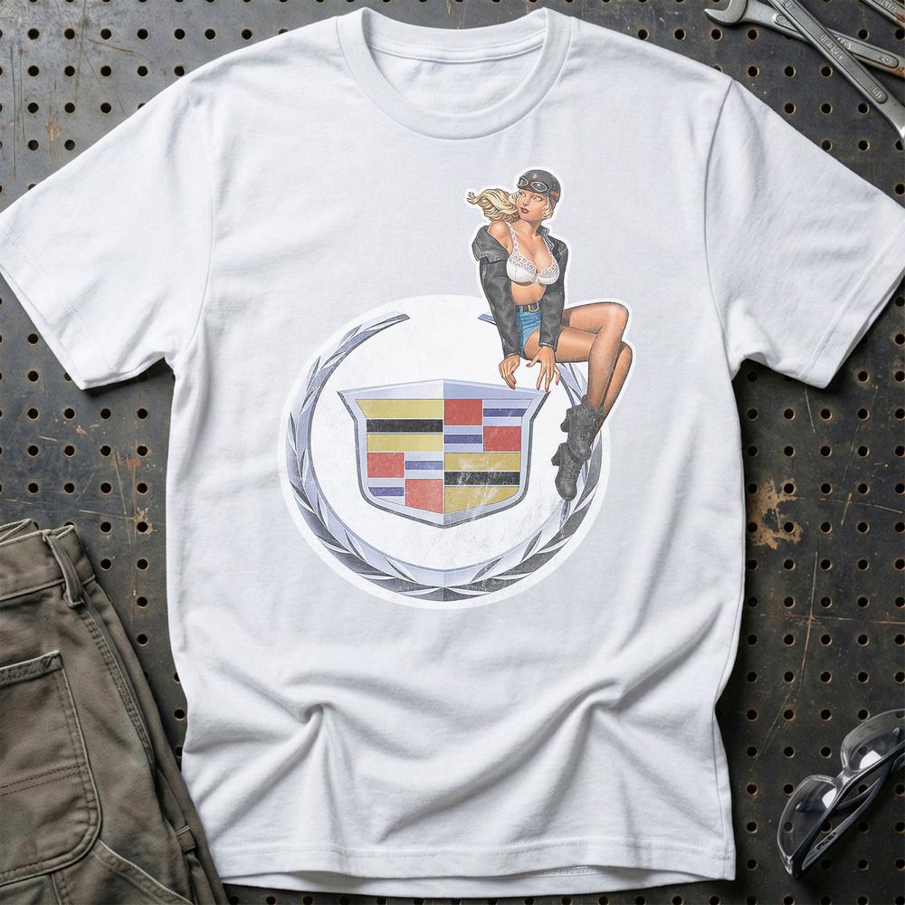 Cadillac Pinup T-Shirt-Beklædning-Cadillac-Hvid-S-Garage Culture Shop- garage - man cave - merchandise