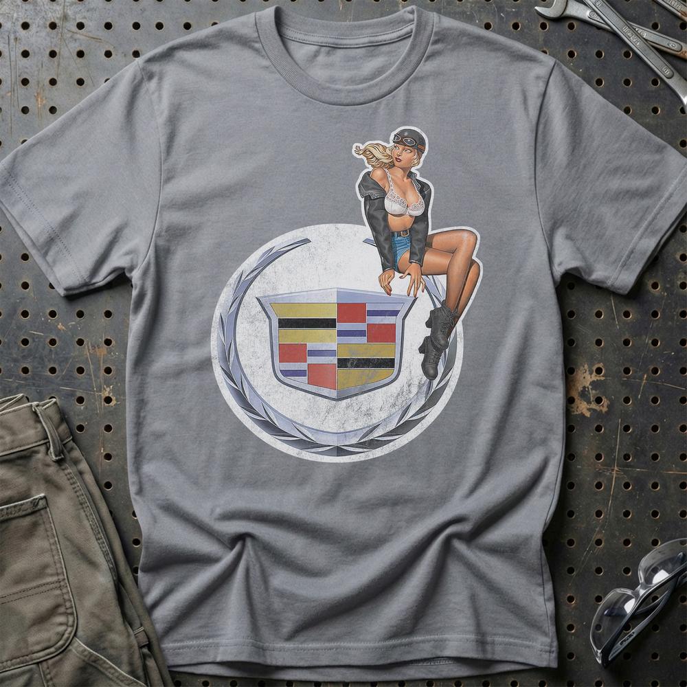 Cadillac Pinup T-Shirt-Beklædning-Cadillac-Grå Sport-S-Garage Culture Shop- garage - man cave - merchandise