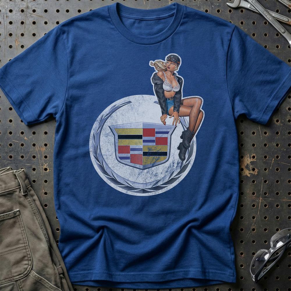 Cadillac Pinup T-Shirt-Beklædning-Cadillac-Blå Royal-S-Garage Culture Shop- garage - man cave - merchandise