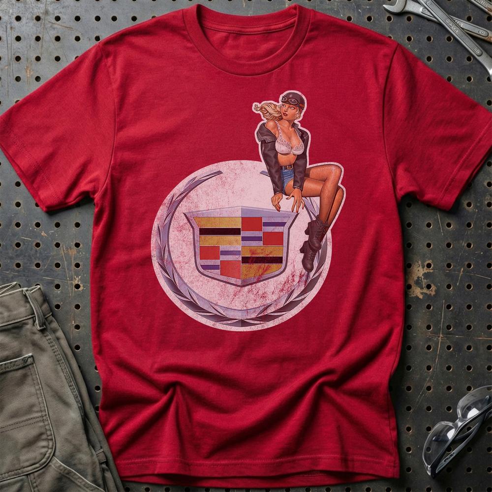 Cadillac Pinup T-Shirt-Beklædning-Cadillac-Rød-S-Garage Culture Shop- garage - man cave - merchandise
