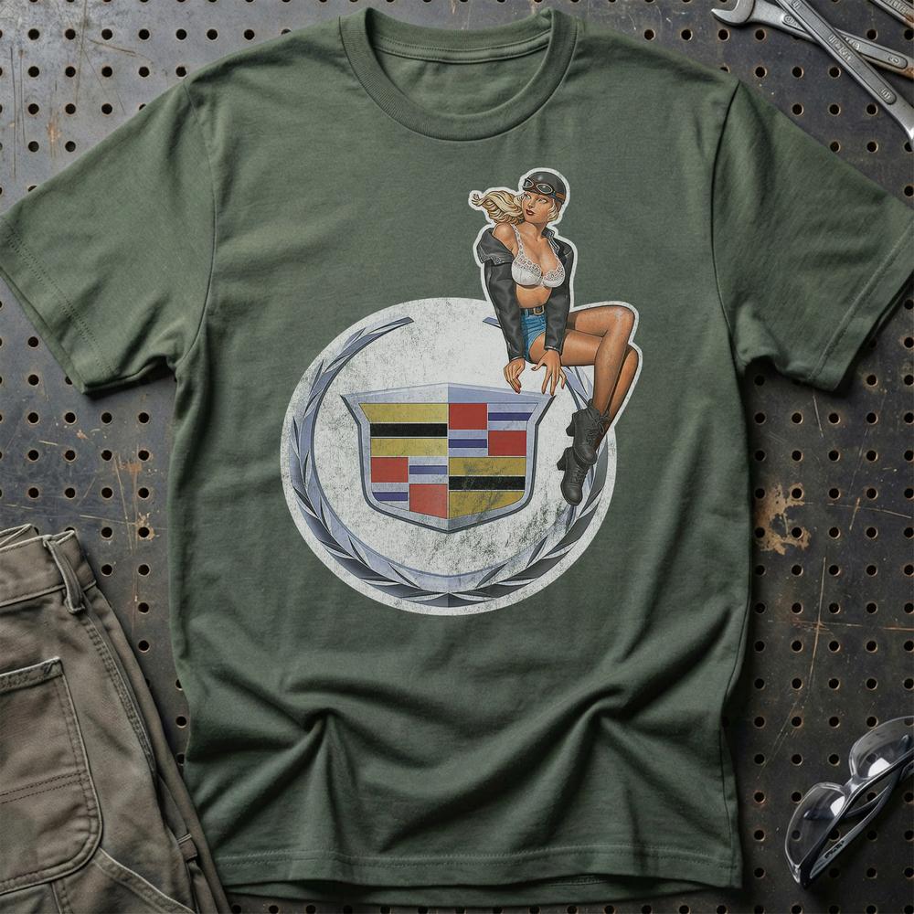 Cadillac Pinup T-Shirt-Beklædning-Cadillac-Grøn Militær-S-Garage Culture Shop- garage - man cave - merchandise