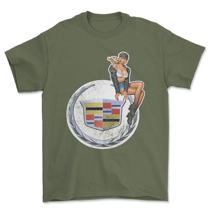 Cadillac Pinup - Unisex T-Shirt , Bomuld-Beklædning-Cadillac-Grøn Militær-S-Forside-Garage Culture Shop- garage - man cave - merchandise
