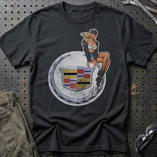 Cadillac Pinup - Unisex T-Shirt , Bomuld-Beklædning-Cadillac-Sort-S-Garage Culture Shop- garage - man cave - merchandise