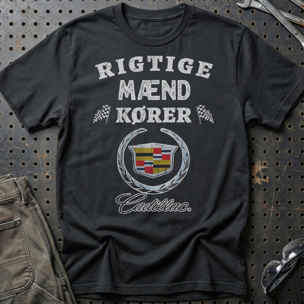 Cadillac Rigtige Mænd Kører - Unisex T-Shirt , Bomuld-Beklædning-Cadillac-Sort-S-Garage Culture Shop- garage - man cave - merchandise