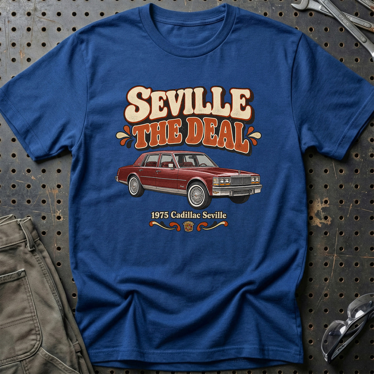 
Cadillac Seville 1975 – Seville the Deal T-Shirt – Blå Royal