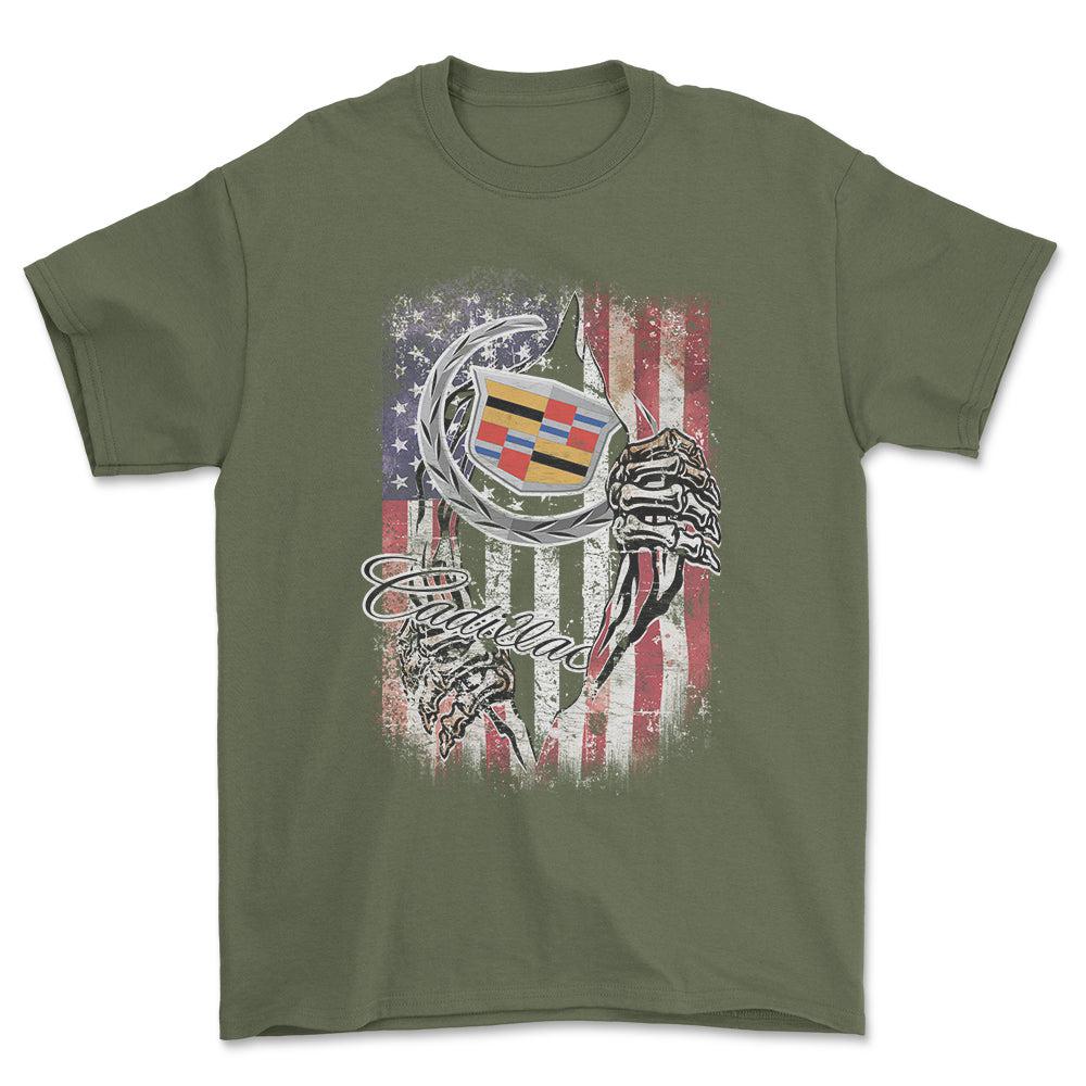 Cadillac US Flag Unisex T-Shirt , Bomuld-Beklædning-Buick-Grøn Militær-S-Garage Culture Shop- garage - man cave - merchandise