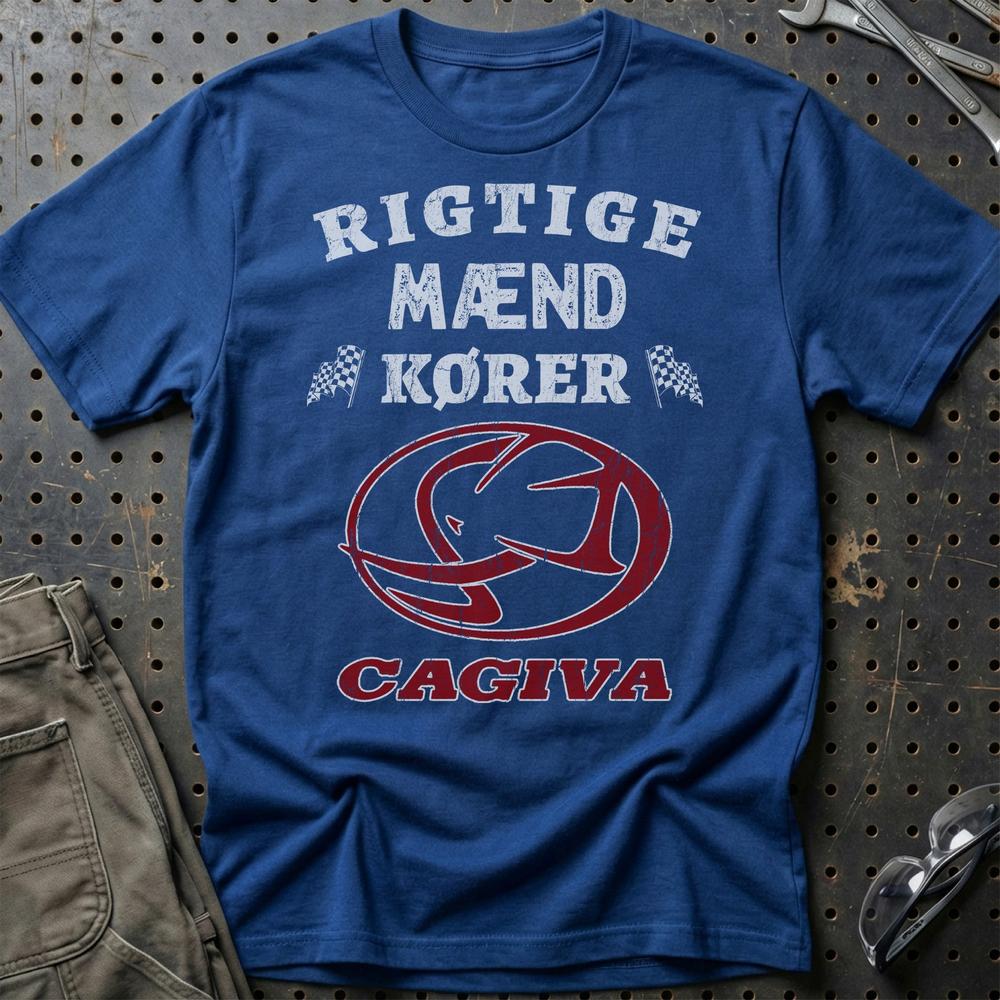Cagiva Rigtige Mænd Kører - Unisex T-Shirt , Bomuld-Beklædning-Cagiva-Blå Royal-S-Garage Culture Shop- garage - man cave - merchandise